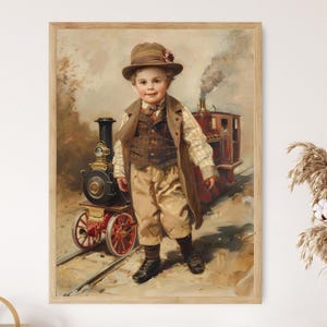 Young Boy in Vintage Attire with Toy Train – Tribute to Maud Humphrey