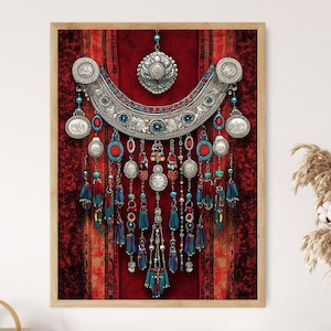 Afghan Kuchi Tribal Jewelry Art Print, Silver Coin Belt, Cultural Ethnic Decor