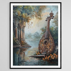 Exquisite Sarod with Rich Details Art, Traditional Indian Musical Instrument Painting