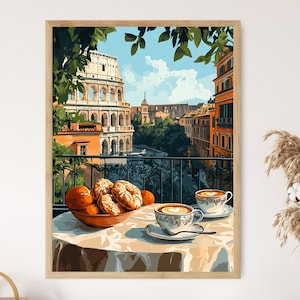 May include: A framed art print shows a Roman scene with a table set for breakfast. There are pastries, oranges, and two cups of coffee. The Colosseum and other buildings are in the background under a blue sky.