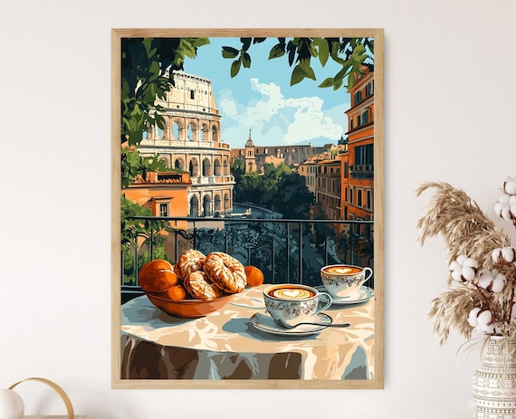 Rome Breakfast Table Art Print, Traditional Italian Food Decor, Cultural Kitchen Art