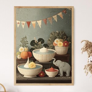 May include: A framed art print featuring a still life scene with bowls of water, flowers, and a small elephant statue. The artwork has a vintage aesthetic with a banner of colorful flags.