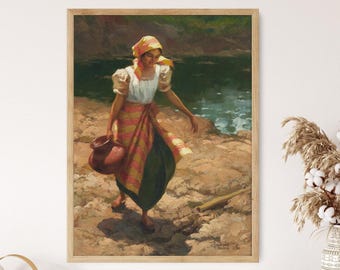 May include: A painting of a woman in a traditional Filipino dress walking along a rocky riverbank. She is carrying a clay pot and wearing a colorful headscarf. The painting is set in a lush green landscape.
