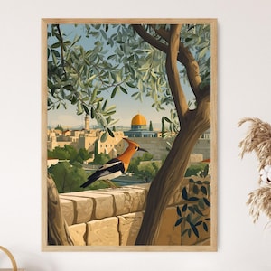 Póster de abubilla de Jerusalén, impresión artística de una ciudad de Oriente Medio, escena histórica vectorial plana