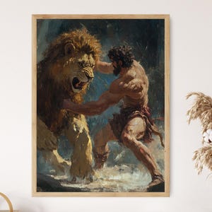 Hercules and Nemean Lion Art Print, Greek Mythology Hero Wall Decor, Powerful Hercules Artwork