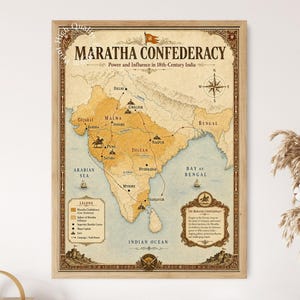 Könnte beinhalten: Eine gerahmte historische Karte mit dem Titel Maratha Confederacy Power and Influence in 18th-Century India. Die Karte zeigt eine beige und hellbraune Farbpalette, eine Windrose, eine Legende sowie Illustrationen von Festungen und Schiffen.
