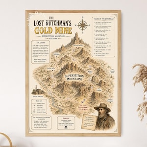 Mapa de la mina de oro del holandés perdido, cartografía de la legendaria búsqueda del tesoro, arte mural de la frontera vintage.