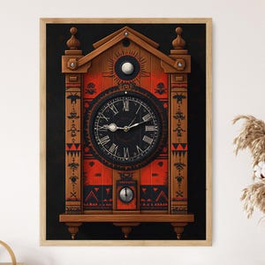 May include: A framed wall clock with a wooden frame and a black background. The clock face is black with Roman numerals. The clock's body is red and brown with decorative carvings.