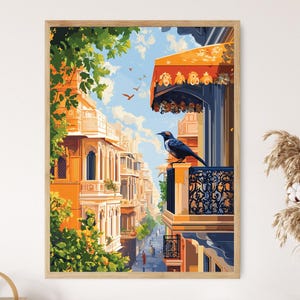 Lucknow Myna on Balcony Poster, Indian City Bird Scene, Flat Vector Awning and Street Print