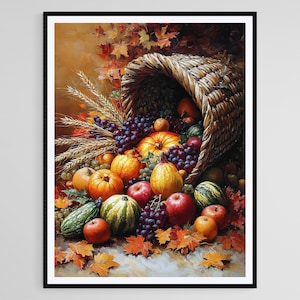May include: A painting depicting a cornucopia overflowing with autumn harvest. The woven basket spills out pumpkins, grapes, apples, gourds, and wheat stalks. The colour palette includes warm oranges, reds, and browns, with scattered autumn leaves.