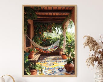 May include: A colorful hammock hangs in a covered patio with a tiled floor. Lush greenery surrounds the patio, creating a tropical oasis.