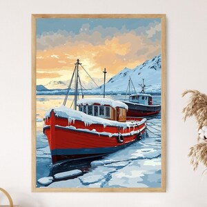 May include: A red fishing boat with snow on the deck is docked in a frozen harbor. A smaller boat is docked behind it. The boats are in front of a snowy mountain range and a blue sky with clouds.