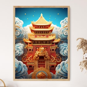Temple in the Clouds Art Print | Traditional Design, High-Definition Decorative Artwork, Cultural Gift