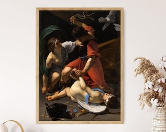 May include: A framed print of a classical painting depicting a dramatic scene with multiple figures. The artwork features figures in red, white, and blue garments, with a dark background and a wooden frame.