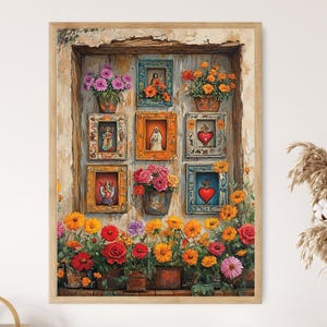 May include: A framed artwork featuring a rustic wall with nine framed images and flower pots. The frames contain religious icons and hearts. Colorful flowers in pots and along the bottom add vibrancy. The artwork is in a wooden frame.