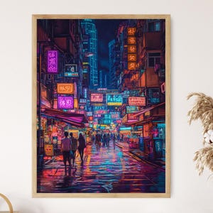 Stampa artistica di insegne al neon di Hong Kong, vivace scena della vita notturna