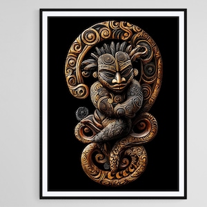 Tiki Maori Art Print, Traditional Patterns and Wooden Carving