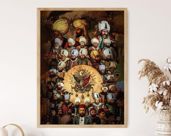 Può includere: Una stampa incorniciata con un dipinto storico di numerose figure in abiti e copricapi ornati. L'opera d'arte ha una calda tavolozza di colori con toni oro, rossi e marroni. Le figure sono disposte in una formazione circolare attorno a un emblema centrale.