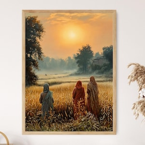 May include: Three figures in long robes walk through a field of tall grass towards a distant village. The sky is a vibrant orange and yellow, with a bright sun shining in the distance. The figures are silhouetted against the bright sky.