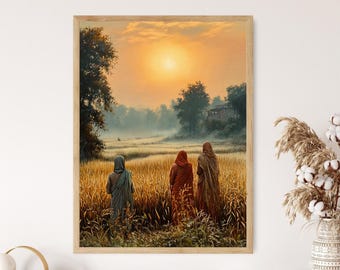 Traditional Punjabi Field Art Print, Women in Wheat Fields, Rural Sunset Scene