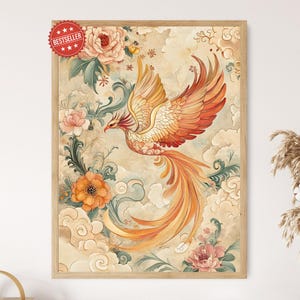 Chinoiserie Phoenix Art Print, Vibrant Feather Design, Mythical Wall Art