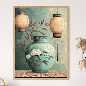 May include: A framed print featuring a teal vase with white peony flowers, bamboo lanterns, and a bamboo mat. The background is a teal and beige watercolor wash. The lanterns are beige with brown accents and tassels. The artwork has a serene, Asian-inspired theme.