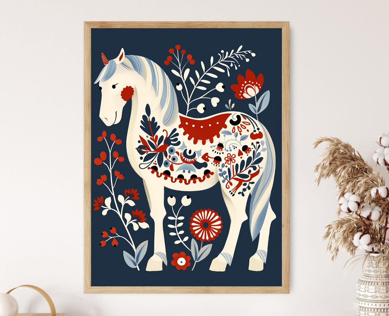 アート・デザイン・音楽 Marjaana Kella / Marjaana Kella Dala Horse Art Print, Vibrant Kurbits Floral Design - Etsy