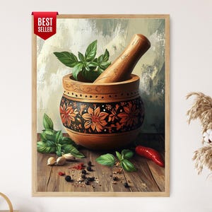 May include: A framed print of a wooden mortar and pestle filled with fresh basil. The mortar is decorated with floral patterns. Garlic cloves, peppercorns, and a red chili pepper are arranged on the wooden surface. The words "BEST SELLER" are on a red banner.