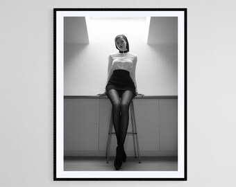 Nun on Stool Art Print: Gothic Surreal Black and White Photography