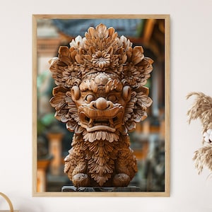 Ornate Balinese Wood Carving Print, Detailed Cultural and Nature Motifs