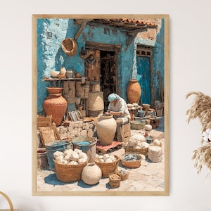 May include: A framed painting depicts a craftsman at work in a sunlit workshop. The scene features a turquoise building, terracotta pots, and woven baskets filled with goods. The artist is shaping a large, beige ceramic pot. The artwork evokes a sense of traditional craftsmanship.