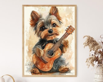 Yorkshire Terrier Puppy Playing a Guitar, Funny Yorkie Poster