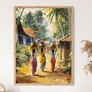 Tamil Nadu Village Art Print, Bullock Carts and Palm Trees