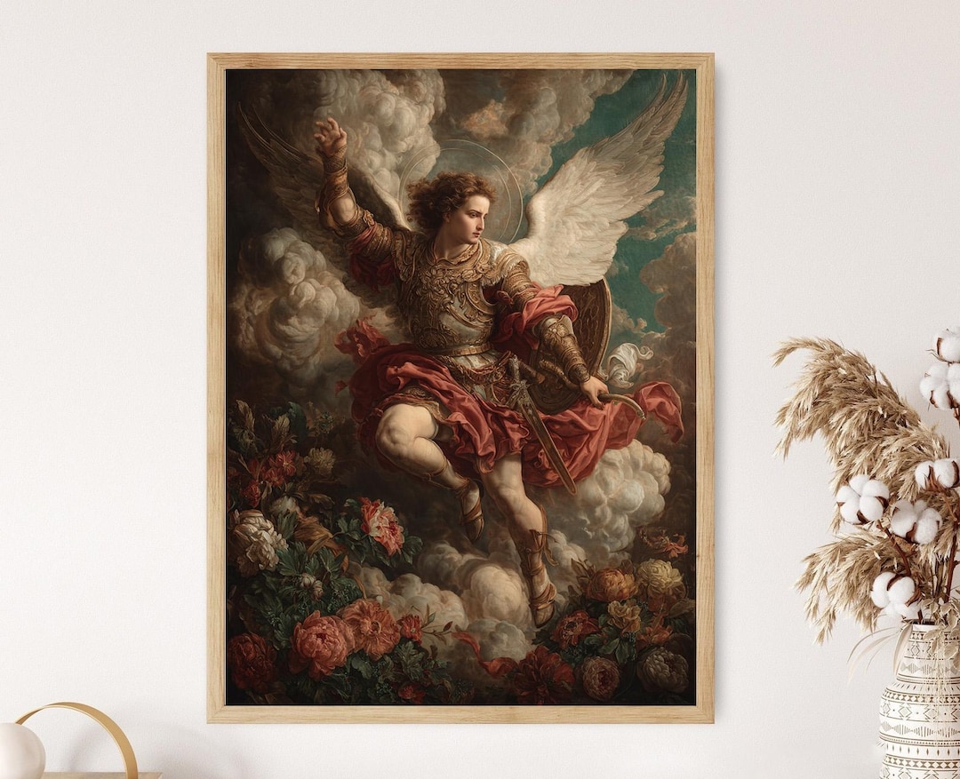 Saint Michael Art Print: Archangel in Heavenly Clouds, Golden Armor ...