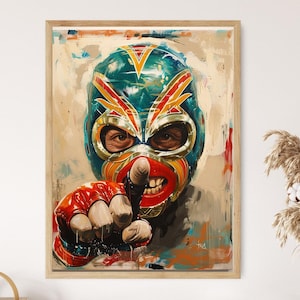 Lucha Libre Kunst Poster, Handgezeichnete Wrestler Illustration, lebendige Wandkunst für die Manneshöhle, perfektes Geburtstagsgeschenk für Ihn