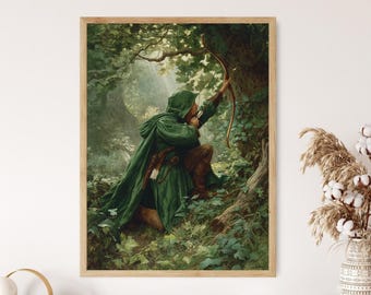 Robin Hood in Sherwood Forest, Bow Drawn Oil Painting, Medieval Woodland Hero Art Print