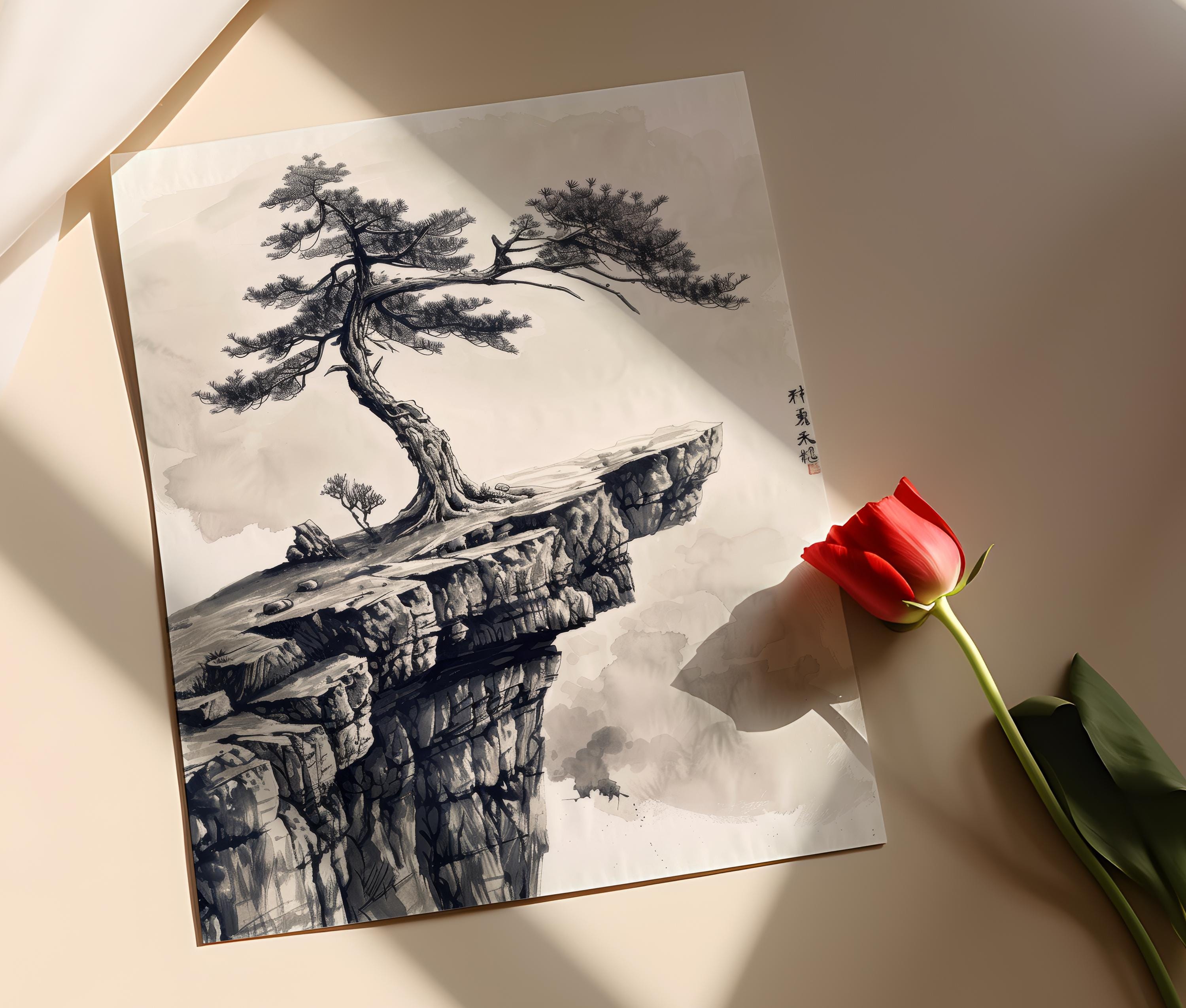 松の木の墨絵、ミニマリストの日本の水墨画 - Etsy 日本