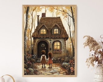 May include: A painting of a small cottage in the woods with two children standing in front of it. The cottage has a brown roof and white walls, and there are trees and bushes surrounding it. The children are wearing brown and red clothing, and they are looking at the cottage.