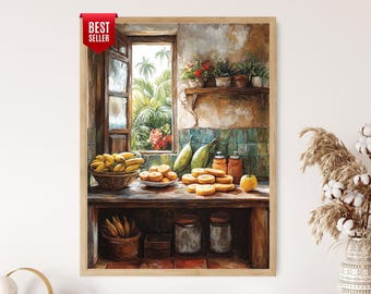 Puerto Rican Kitchen Art Print: Tostonera & Tostones - Tropical Island Decor