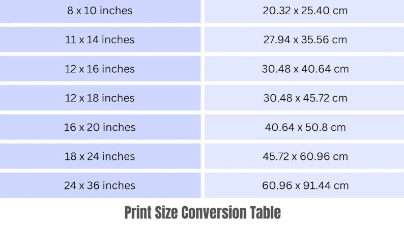 May include: A print size conversion table showing inches and centimeters. Sizes include 8 x 10 inches (20.32 x 25.40 cm), 11 x 14 inches (27.94 x 35.56 cm), 12 x 16 inches (30.48 x 40.64 cm), 12 x 18 inches (30.48 x 45.72 cm), 16 x 20 inches (40.64 x 50.8 cm), 18 x 24 inches (45.72 x 60.96 cm), and 24 x 36 inches (60.96 x 91.44 cm).