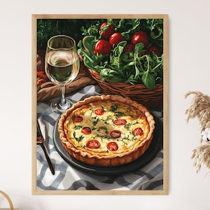 Quiche Lorraine-kunstprint, salade en witte wijn