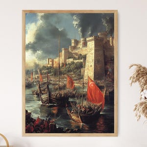 Fall von Istanbul Osmanischer Kampfszene Druck, Historischer Bosphorus Kanal Kunstwerk, Mittelalterliches Kriegsdekor