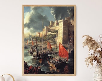 Istanbuls fall, ottomanskt stridsscentryck, historiskt konstverk vid Bosporenkanalen, medeltida krigföringsdekor