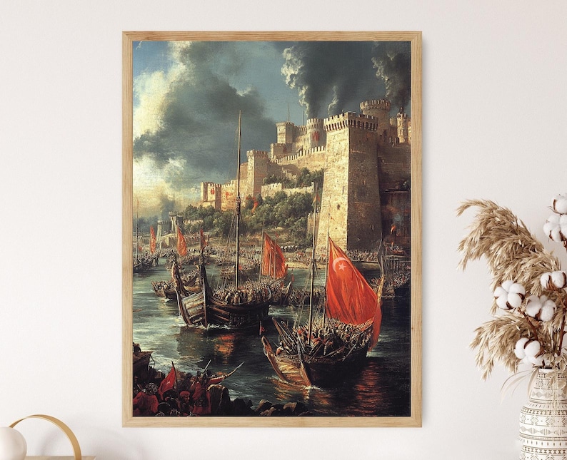 Istanbuls fall, ottomanskt stridsscentryck, historiskt konstverk vid Bosporenkanalen, medeltida krigföringsdekor bild 1