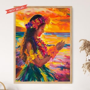 Impresión artística de bailarina de hula hawaiana, decoración de pared tropical vibrante, perfecta para decorar el hogar, regalo único de inauguración de la casa