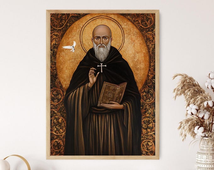 Saint Benedict of Nursia Block Print Christian Devotional Prayer Icon ...