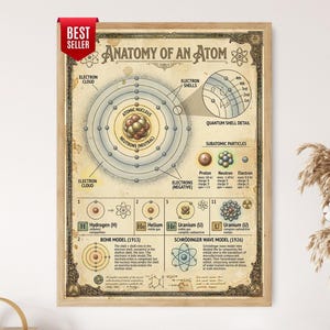 May include: A framed educational poster titled Anatomy of an Atom with a vintage aesthetic. It features a central atomic diagram, electron shells, subatomic particle data, and comparisons between the Bohr and Schrödinger wave models of atoms.