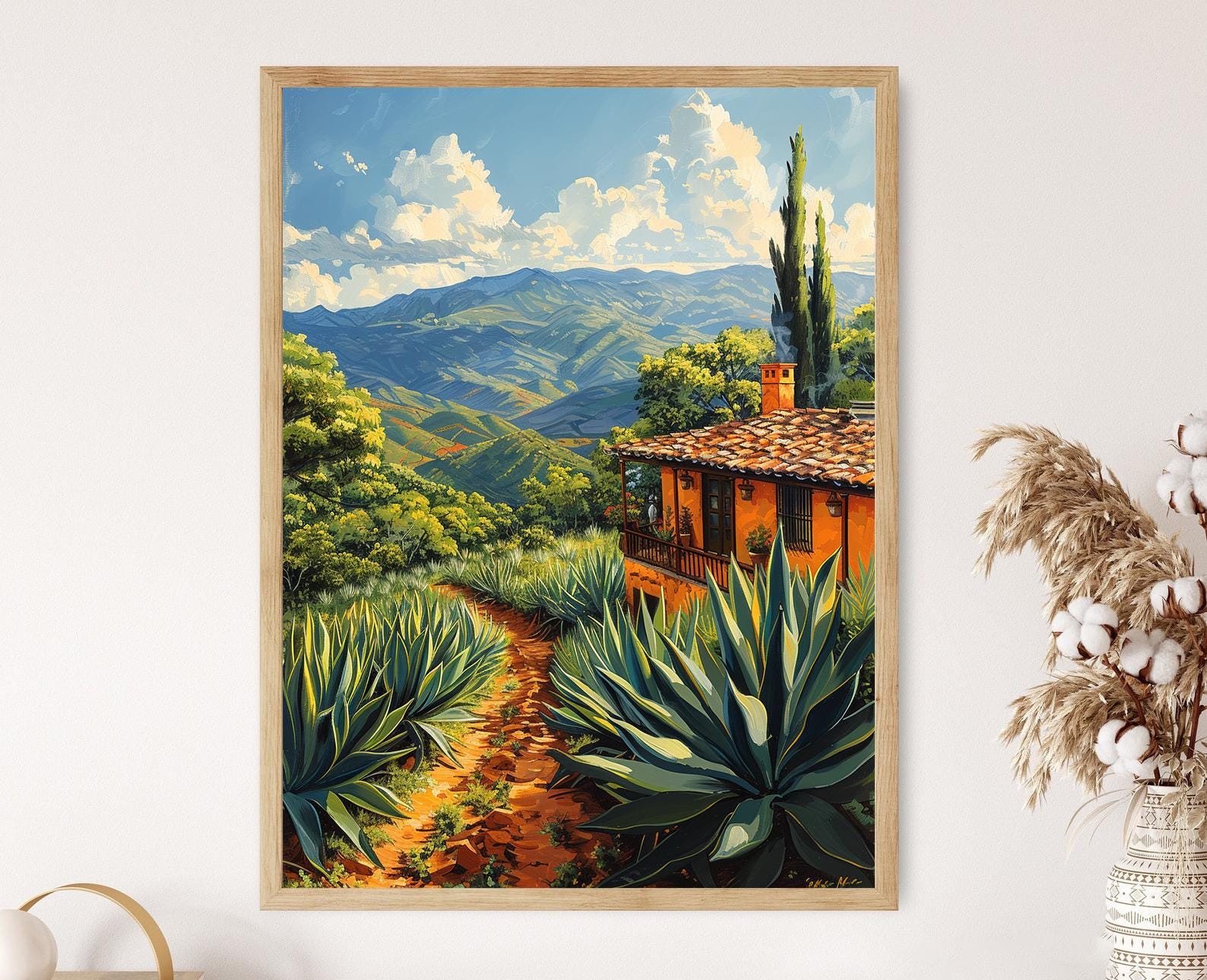 Oaxaca Valley Agave Fields Art Print, Mexican Landscape Painting