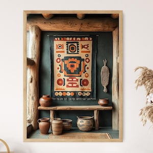 May include: A rustic wooden shelf with a variety of pottery and a colourful woven tapestry hanging on the wall behind it. The tapestry features geometric patterns in shades of orange, red, and blue.