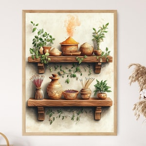 May include: A framed watercolor print featuring two wooden shelves adorned with various items. The top shelf displays bowls and pots with spices and plants. The bottom shelf holds a vase, bowls, and incense. The artwork has a warm, earthy color palette.
